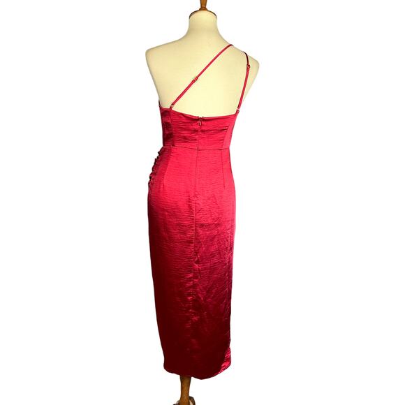 Lovers + Friends Red One Shoulder Satin Midi Slip Dress SMALL Ruched $228 NEW - Picture 6 of 8